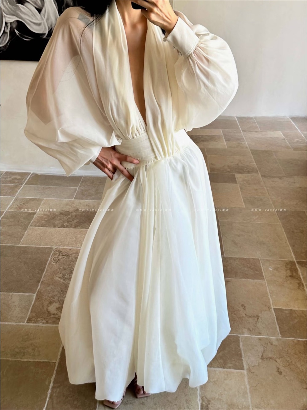 Elegant Cream Plunge V-Neck Long Sleeve Maxi Dress